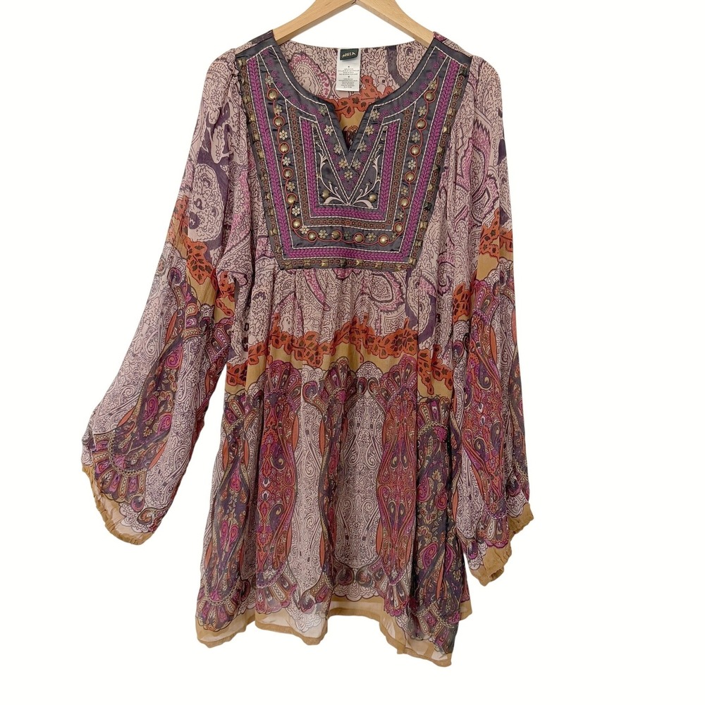 Bila Women's Medium Purple Orange Peasant Dress Boho Festival Earthy